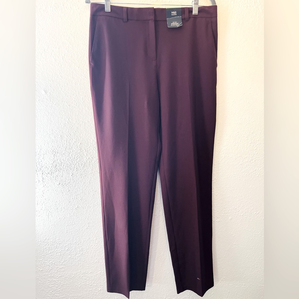 M&S Collections Smart Straight Leg Mid Rise Trousers Chocolate Plum Size 12